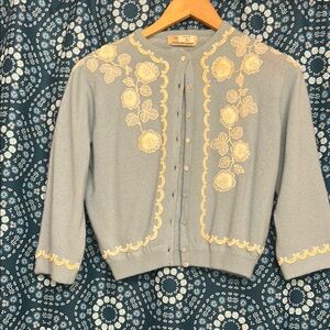 Blue and Cream Cropped Cardigan with Ornate Embellishments